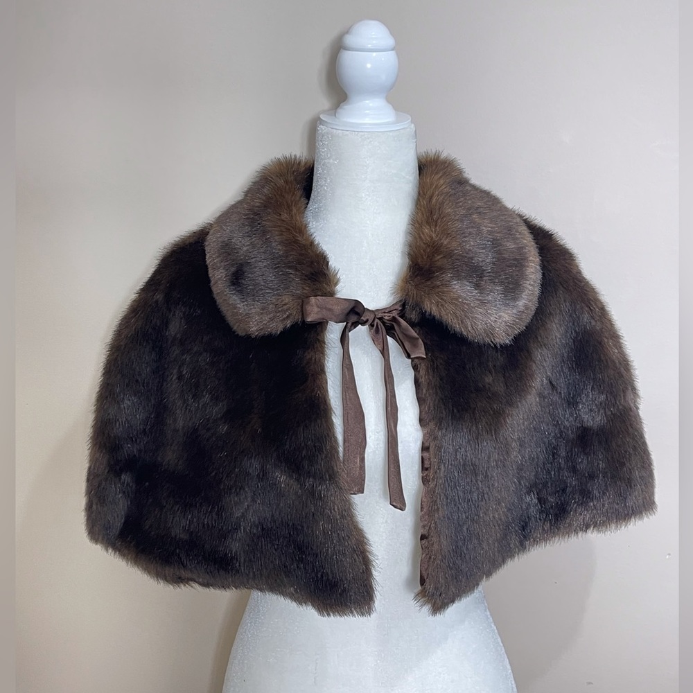 Sable Dark Brown Women’s Faux Mink Fur Caplet With Ribbon